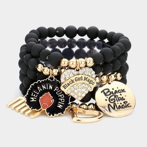 Black and Gold Pendant Charms Crystal BLACK GIRL MAGIC Beaded Stretch Bracelet